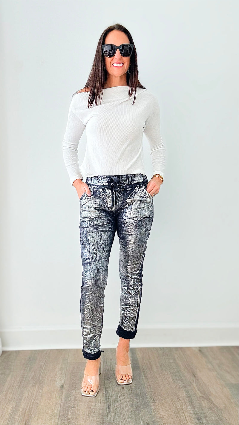 Glistening Silver Foil Italian Joggers - Navy-180 Joggers-Germany-Coastal Bloom Boutique, find the trendiest versions of the popular styles and looks Located in Indialantic, FL