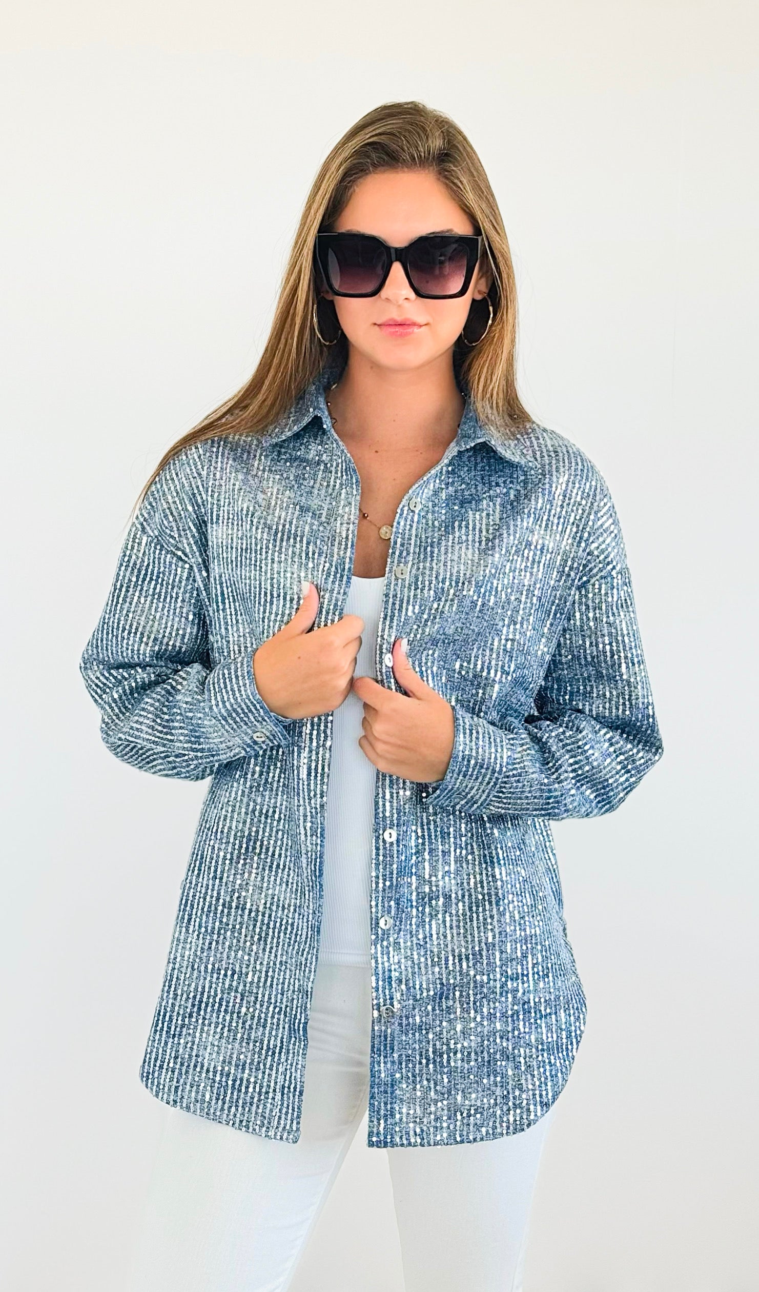 Sparkly Sequin Denim Shacket-130 Long Sleeve Tops-Hot & Delicious-Coastal Bloom Boutique, find the trendiest versions of the popular styles and looks Located in Indialantic, FL