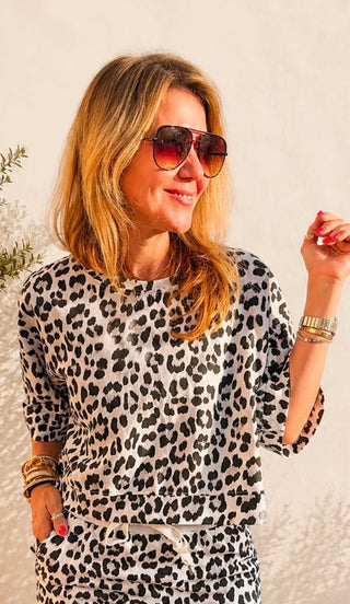 Leopard Weekend French Terry Italian Top - White