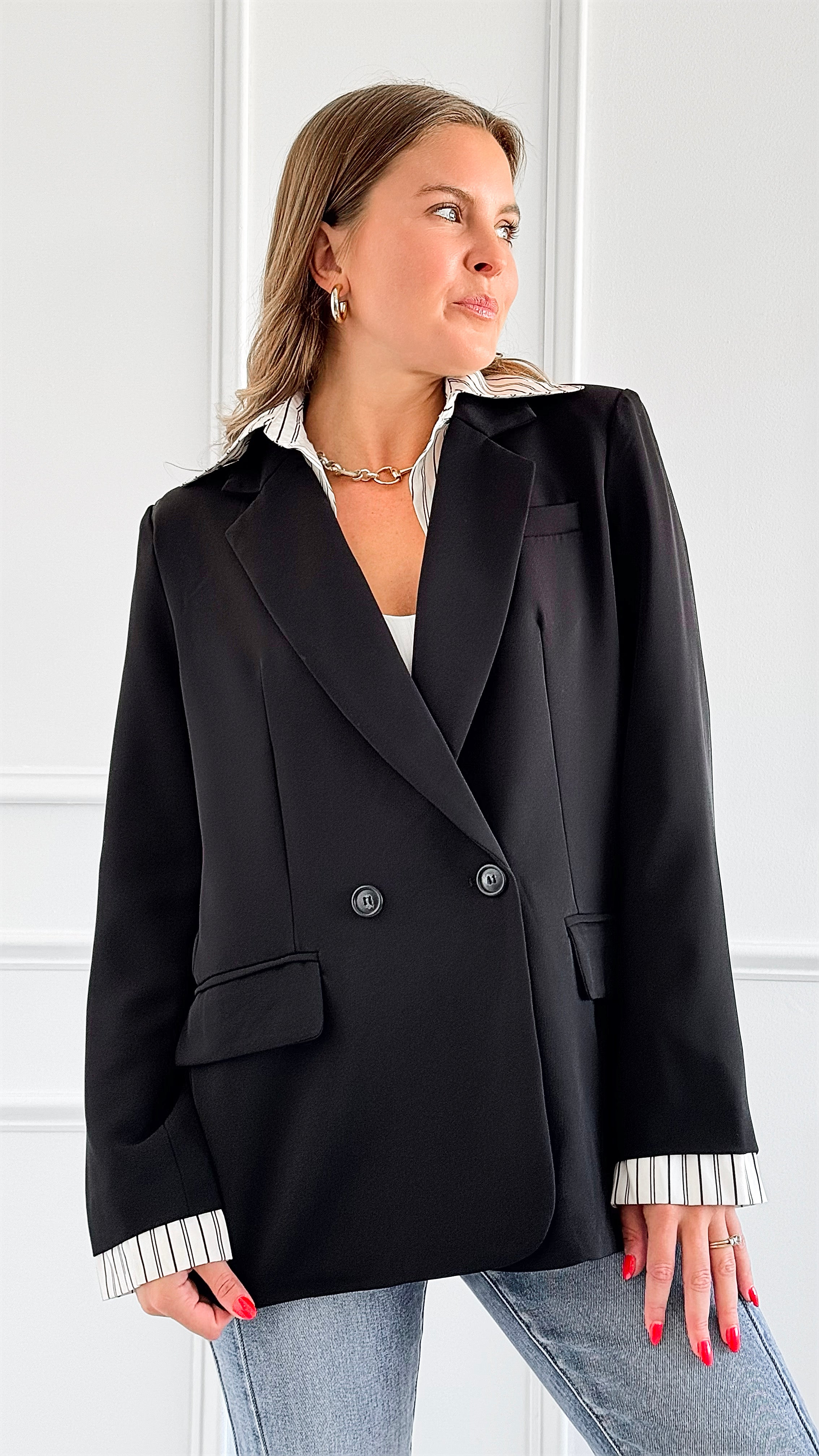 Shop City Chic Striped Blazer - Black Damage-160 Jackets-litaga-Coastal Bloom Boutique, find the trendiest versions of the popular styles and looks Located in Indialantic, FL