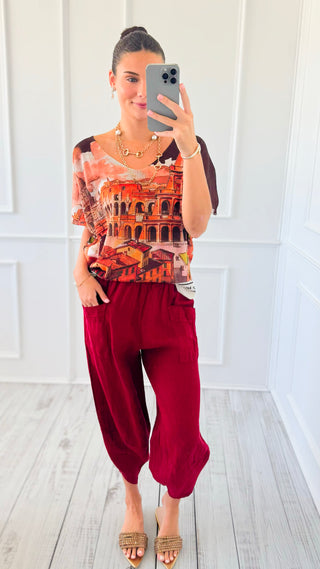 La Spezia Barrel Linen Italian Pant- Wine