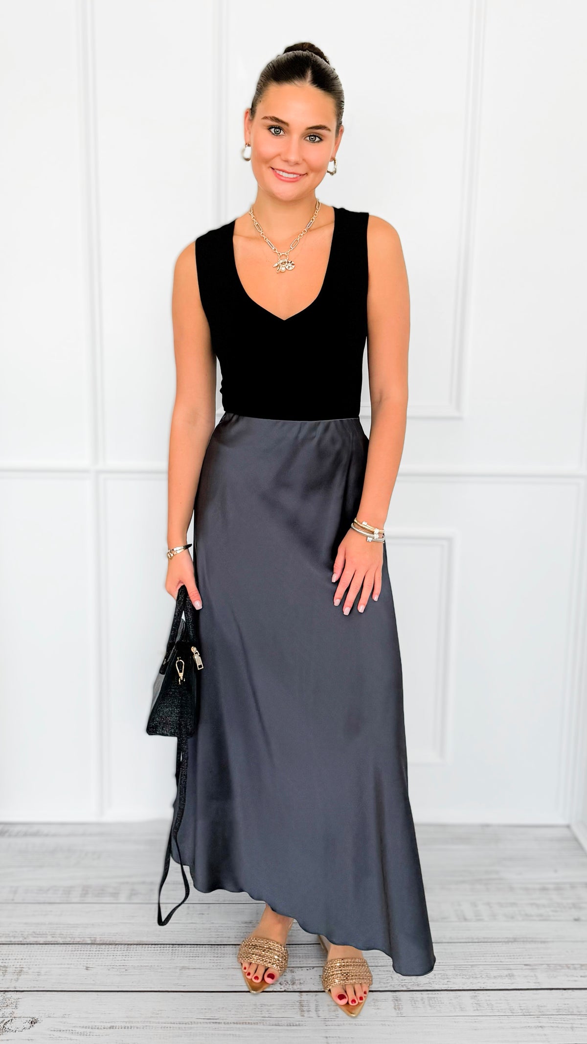 Isabella Italian Skirt- Charcoal-170 Bottoms-SEE YOU IN ROME-Coastal Bloom Boutique, find the trendiest versions of the popular styles and looks Located in Indialantic, FL