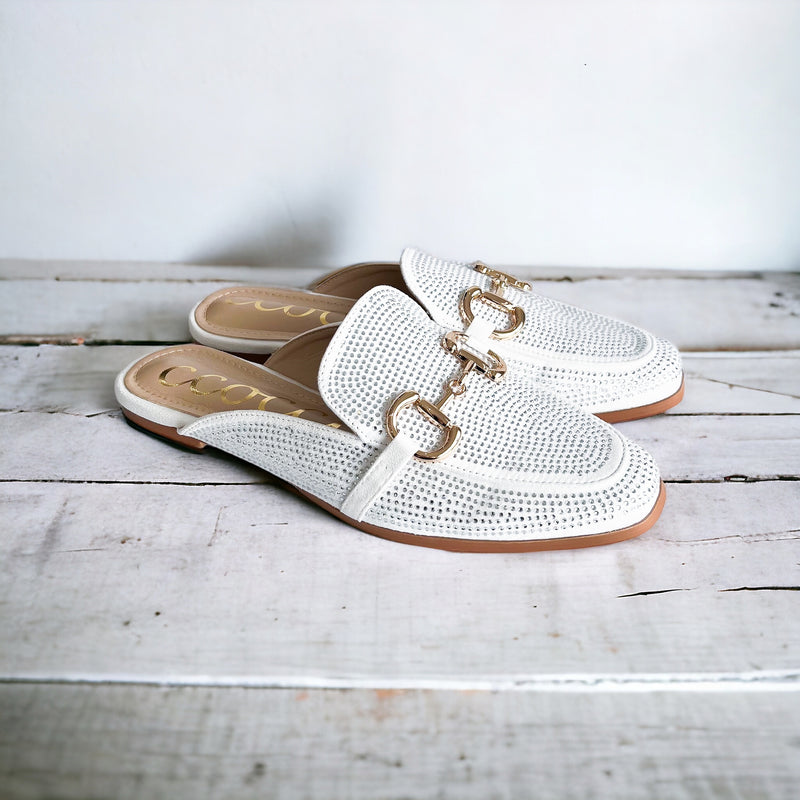 Horsebit Bejeweled Loafer Mule -White-250 Shoes-CCOCCI-Coastal Bloom Boutique, find the trendiest versions of the popular styles and looks Located in Indialantic, FL
