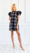 Plaid Ruffle Sleeve Dress - Navy-200 Dresses/Jumpsuits/Rompers-Jodifl-Coastal Bloom Boutique, find the trendiest versions of the popular styles and looks Located in Indialantic, FL