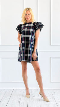 Plaid Ruffle Sleeve Dress - Navy-200 Dresses/Jumpsuits/Rompers-Jodifl-Coastal Bloom Boutique, find the trendiest versions of the popular styles and looks Located in Indialantic, FL