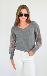 V-Neck Lace Sleeves Sweater-140 Sweaters-Rousseau-Coastal Bloom Boutique, find the trendiest versions of the popular styles and looks Located in Indialantic, FL