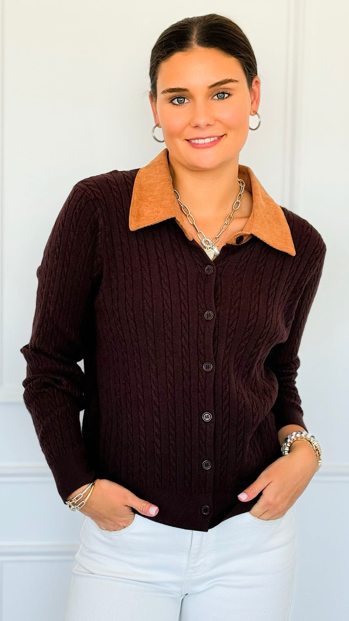 Cable Stitch Italian Button Cardigan- Chocolate-170 Bottoms-Italianissimo-Coastal Bloom Boutique, find the trendiest versions of the popular styles and looks Located in Indialantic, FL