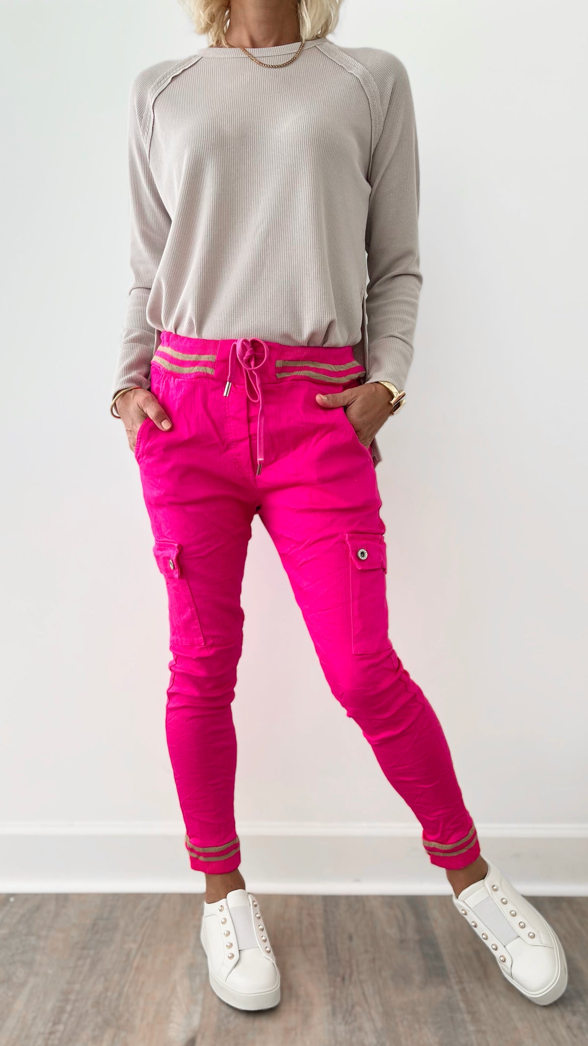 Varsity Cargo Crinkle Italian Joggers - Fuchsia-180 Joggers-Venti6 Outlet-Coastal Bloom Boutique, find the trendiest versions of the popular styles and looks Located in Indialantic, FL
