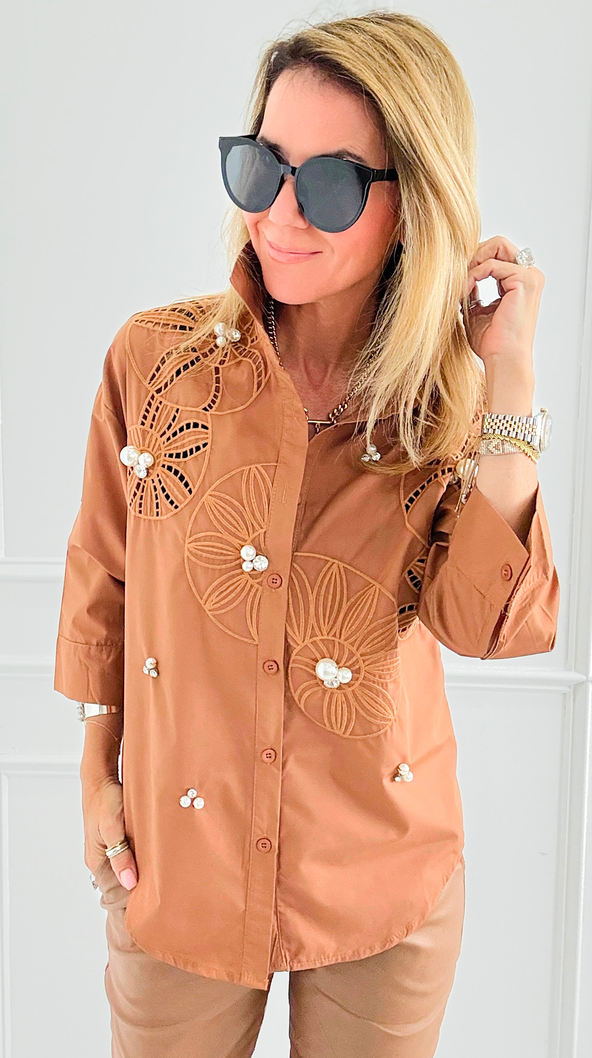 Rhinestone Embroidered Blouse - Camel-130 Long Sleeve Tops-PASTEL DESIGN-Coastal Bloom Boutique, find the trendiest versions of the popular styles and looks Located in Indialantic, FL