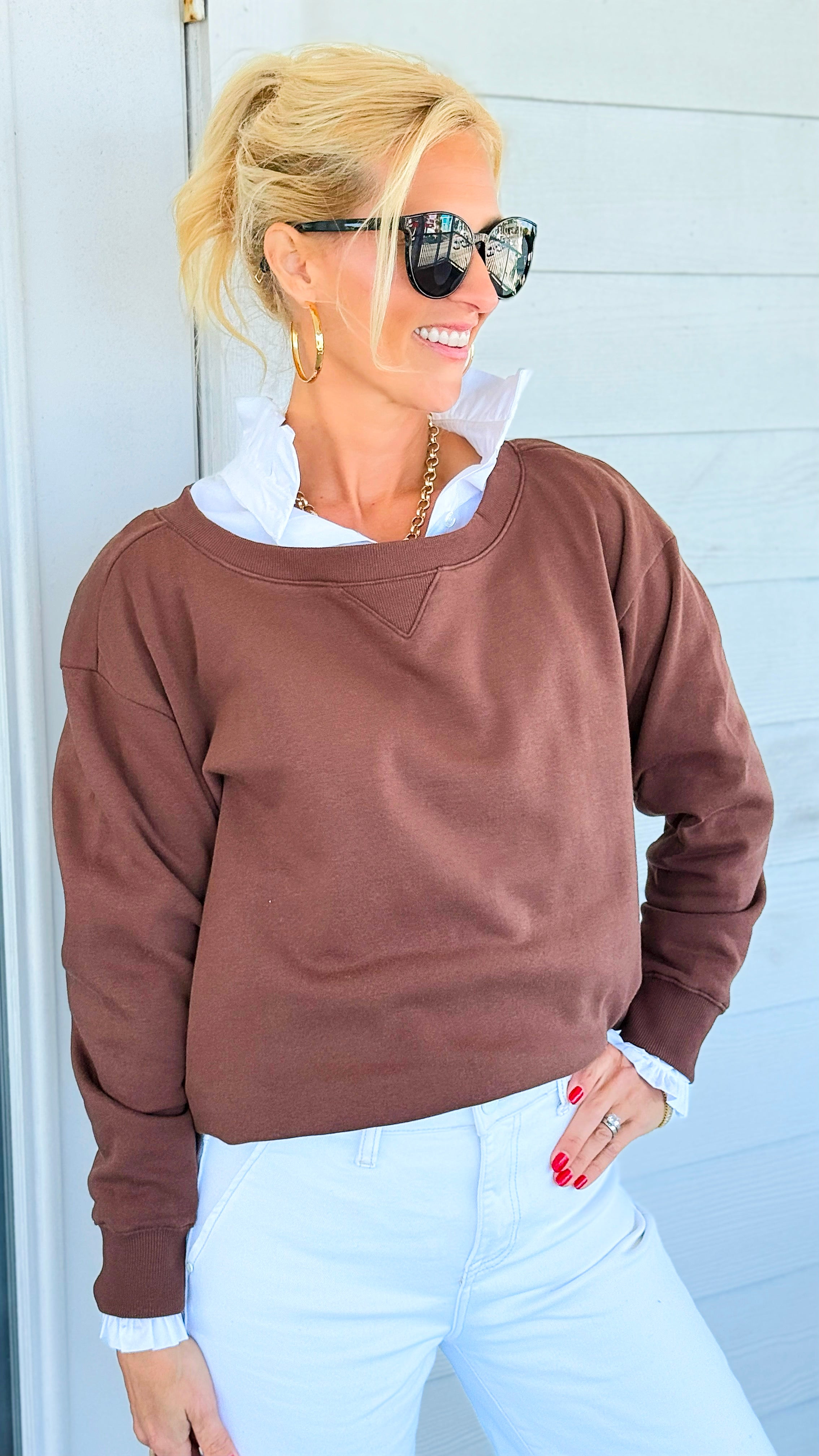 Off-Duty Boatneck Fleece Sweatshirt - Brown-110 Long Sleeve Tops-Zenana-Coastal Bloom Boutique, find the trendiest versions of the popular styles and looks Located in Indialantic, FL