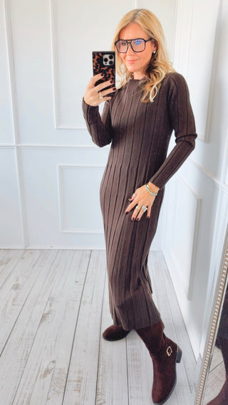 Ribbed Knit Midi Italian Dress - Brown