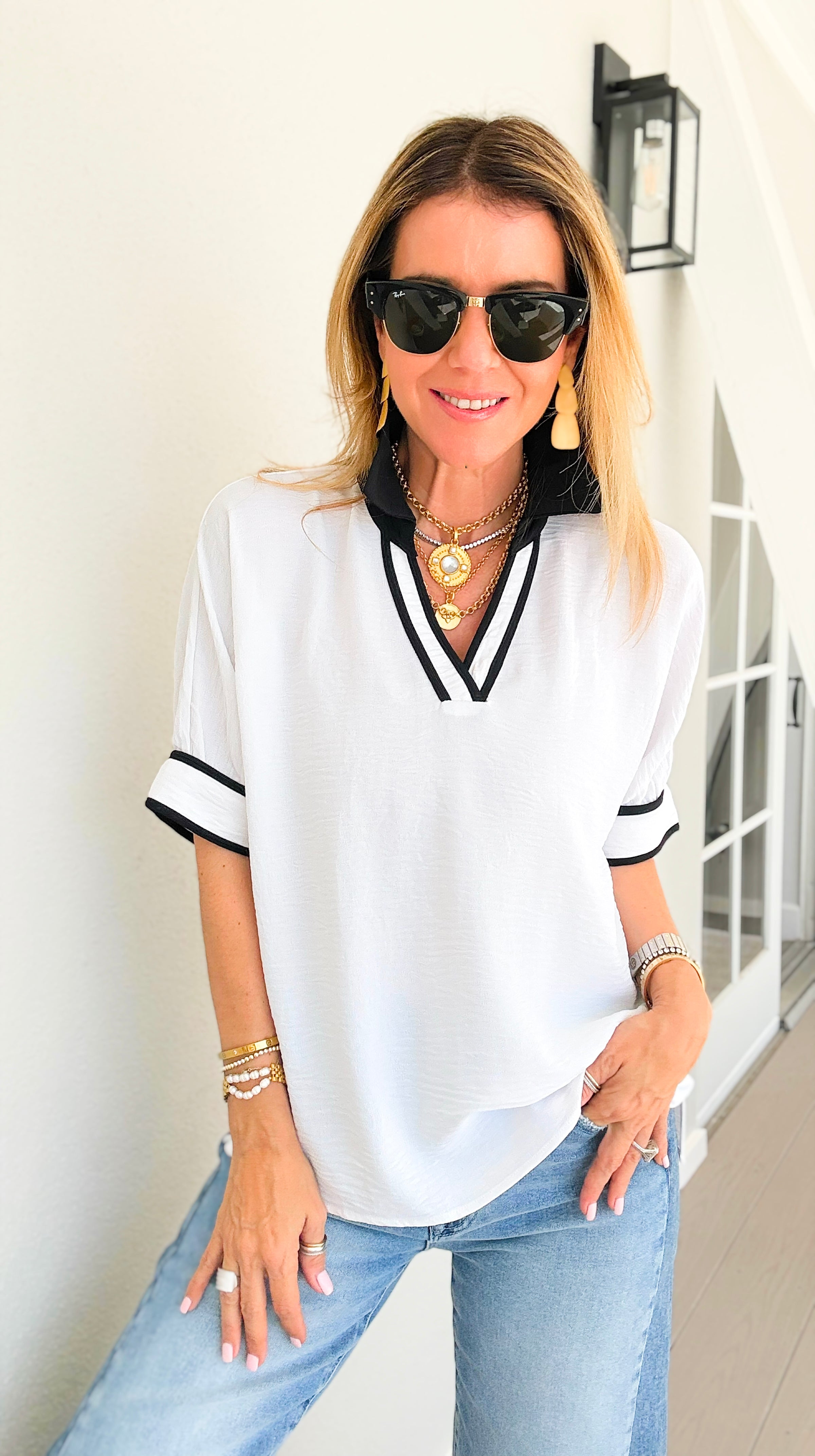 The Relaxed Contrast Trim Blouse - Off White