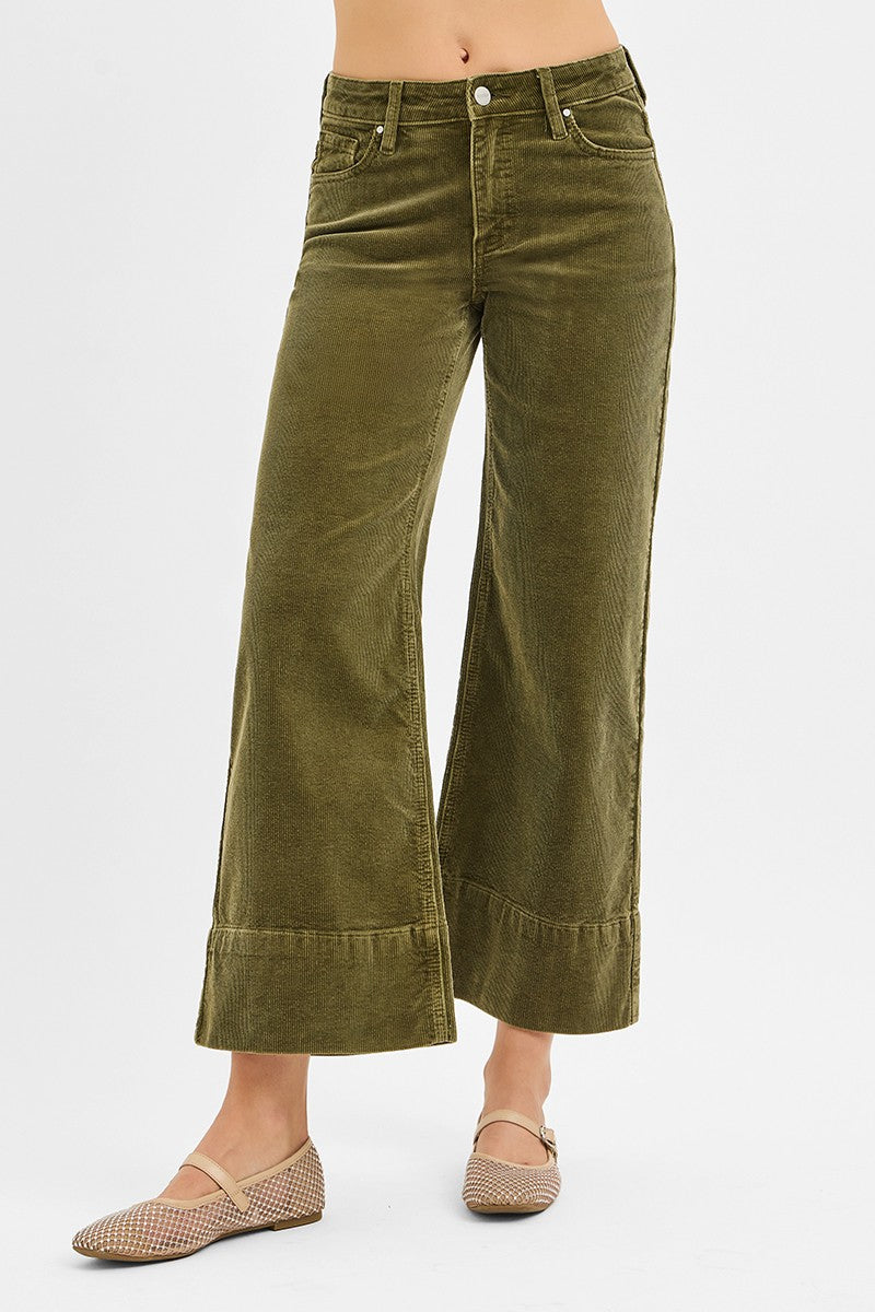 Elevated Corduroy Wide-Leg Cropped Pants-Moss-170 Bottoms-Risen-Coastal Bloom Boutique, find the trendiest versions of the popular styles and looks Located in Indialantic, FL