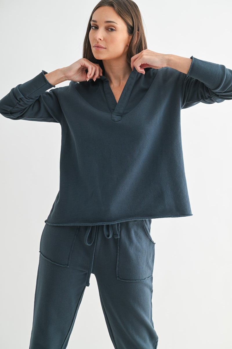 Eileen Cozy Lounge Collar Pullover Top - Midnight Navy-110 Long Sleeve Tops-MONO B-Coastal Bloom Boutique, find the trendiest versions of the popular styles and looks Located in Indialantic, FL