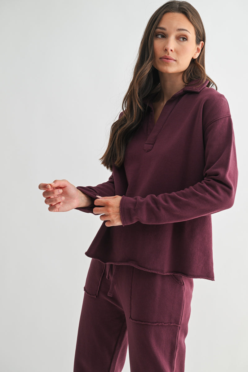 Eileen Cozy Lounge Collar Pullover Top - Dark Plum-110 Long Sleeve Tops-MONO B-Coastal Bloom Boutique, find the trendiest versions of the popular styles and looks Located in Indialantic, FL