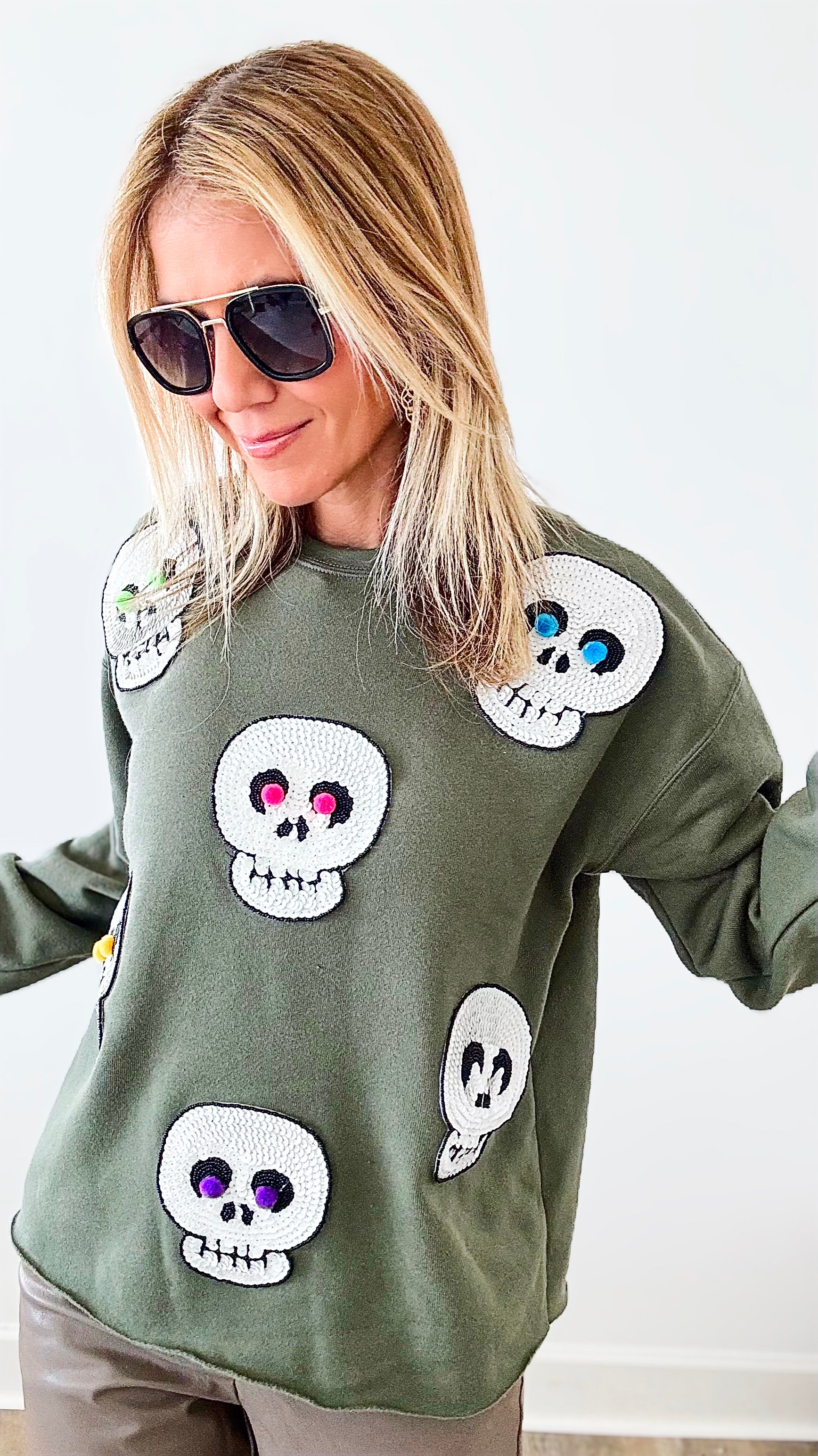 Shimmer Skulls Sweater - Army Green-140 Sweaters-Coastal Bloom-Coastal Bloom Boutique, find the trendiest versions of the popular styles and looks Located in Indialantic, FL