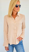 Classic Cuff Sleeves Button Down - Beige-130 Long Sleeve Tops-Michel-Coastal Bloom Boutique, find the trendiest versions of the popular styles and looks Located in Indialantic, FL