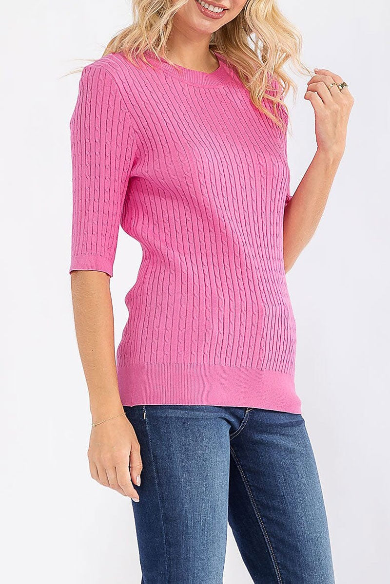 Garden Club Cable Knit Top - Pink-140 Sweaters-ROUSSEAU-Coastal Bloom Boutique, find the trendiest versions of the popular styles and looks Located in Indialantic, FL