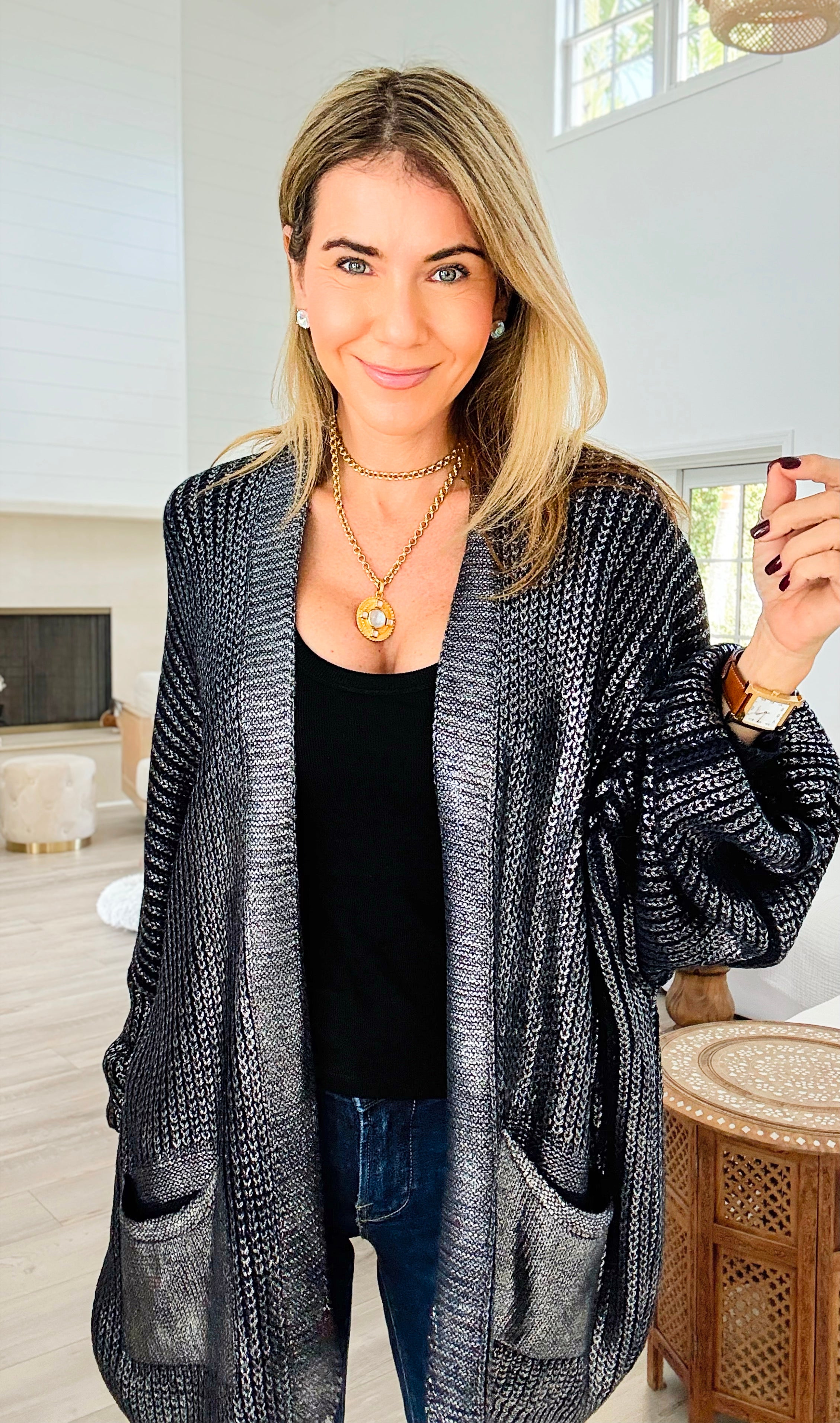 Mirrored Metallic Sugar High Italian Cardigan- Navy/ Silver-150 Cardigan Layers-Italianissimo-Coastal Bloom Boutique, find the trendiest versions of the popular styles and looks Located in Indialantic, FL