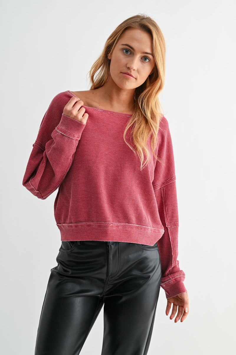 Waffle Knit Slouch Lounge Top - Garnet Red-110 Long Sleeve Tops-MONO B-Coastal Bloom Boutique, find the trendiest versions of the popular styles and looks Located in Indialantic, FL