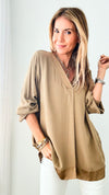 Satin Trim Italian Blouse - Gold-130 Long Sleeve Tops-Germany-Coastal Bloom Boutique, find the trendiest versions of the popular styles and looks Located in Indialantic, FL