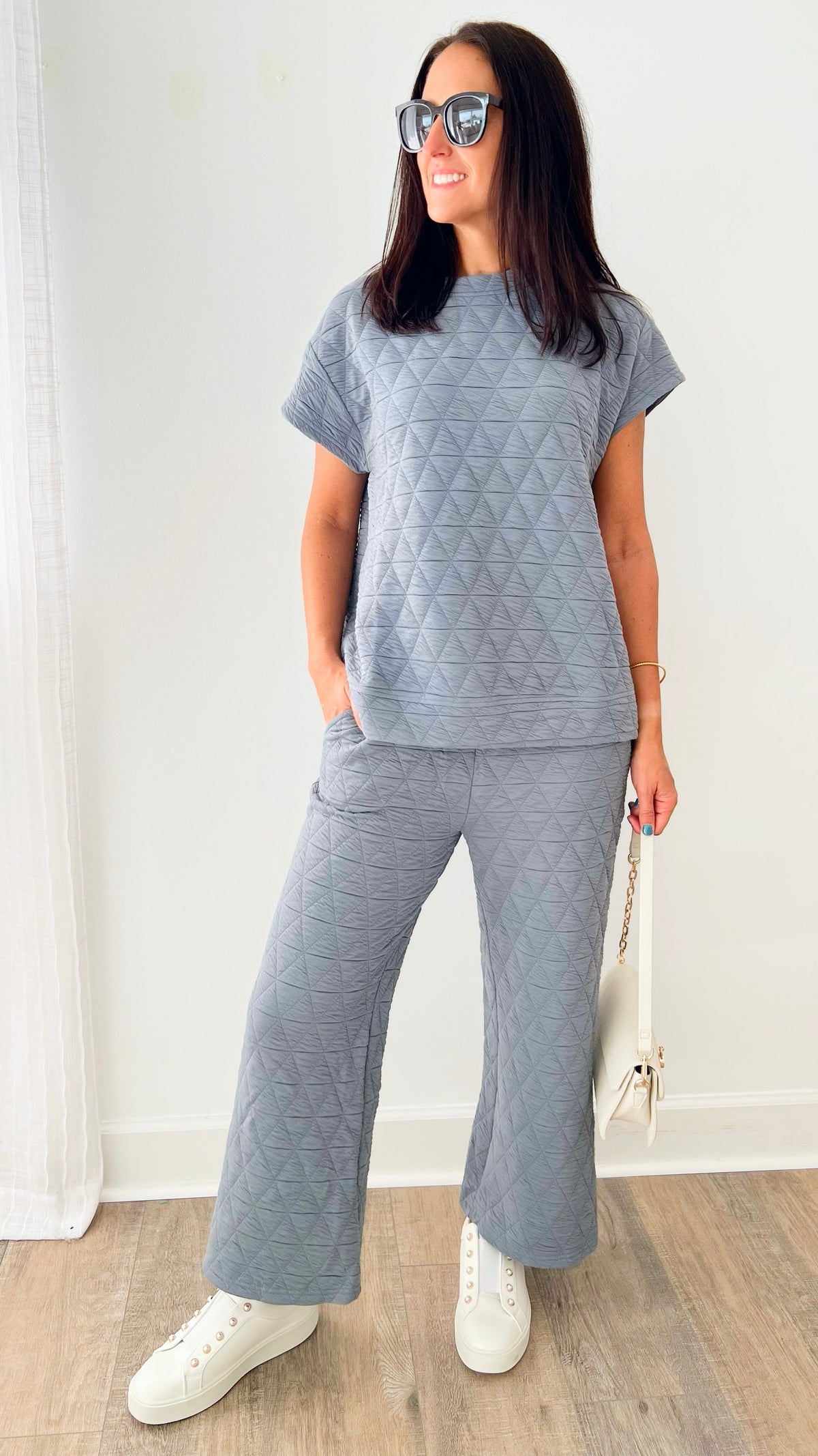 Taylor Quilted Short Sleeve Set - Blue-210 Loungewear/Sets-See and Be Seen-Coastal Bloom Boutique, find the trendiest versions of the popular styles and looks Located in Indialantic, FL