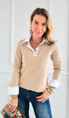 Contrast Trims Italian Top- Beige-130 Long sleeve top-Italianissimo-Coastal Bloom Boutique, find the trendiest versions of the popular styles and looks Located in Indialantic, FL