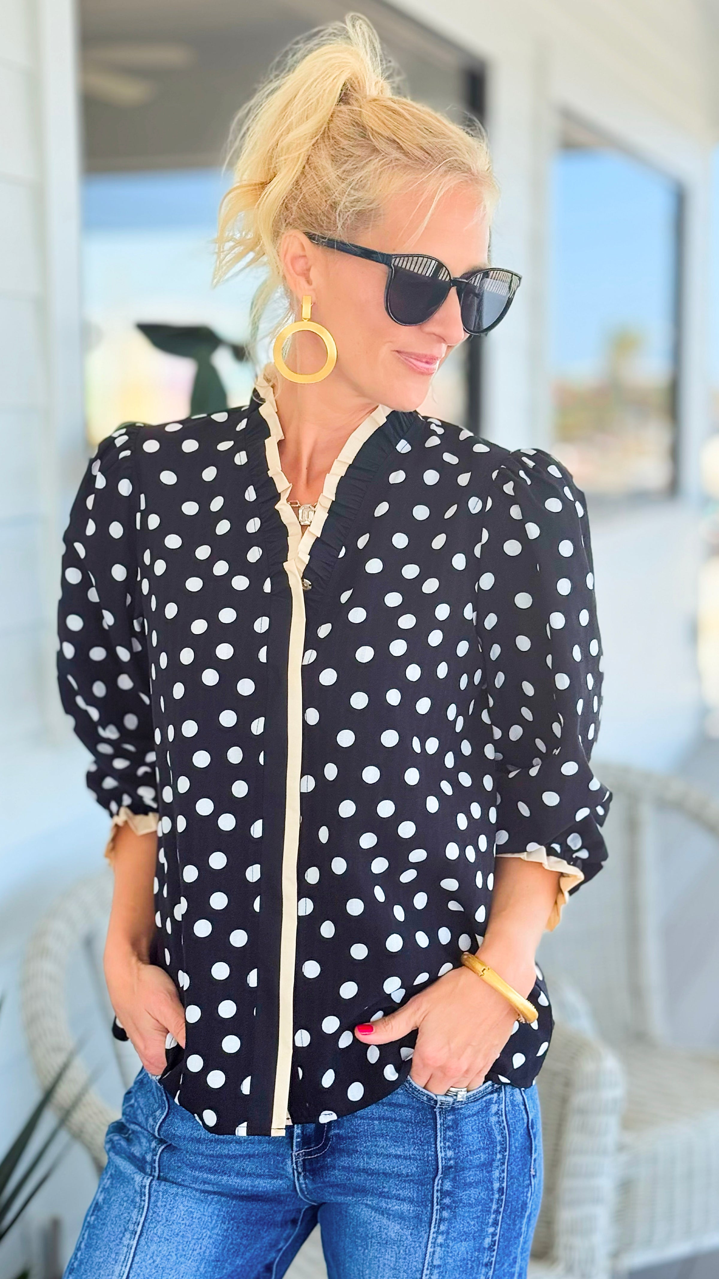 Dotting Romance Ruffle Trim Top