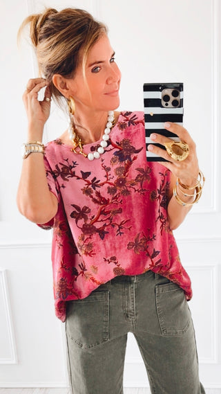 Velvet Floral Boxy Top - Pink Mix
