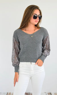 V-Neck Lace Sleeves Sweater-140 Sweaters-Rousseau-Coastal Bloom Boutique, find the trendiest versions of the popular styles and looks Located in Indialantic, FL