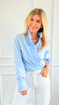 Ruffle Contour Elegance Italian Button Top- Sky Blue