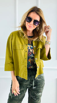 Everyday Cropped Italian Button- Down Top- Pistachio