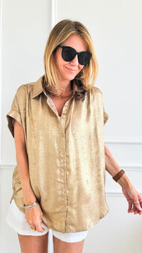 Glow Up Collared Button Up Top - Taupe-110 Short Sleeve Tops-Jodifl-Coastal Bloom Boutique, find the trendiest versions of the popular styles and looks Located in Indialantic, FL