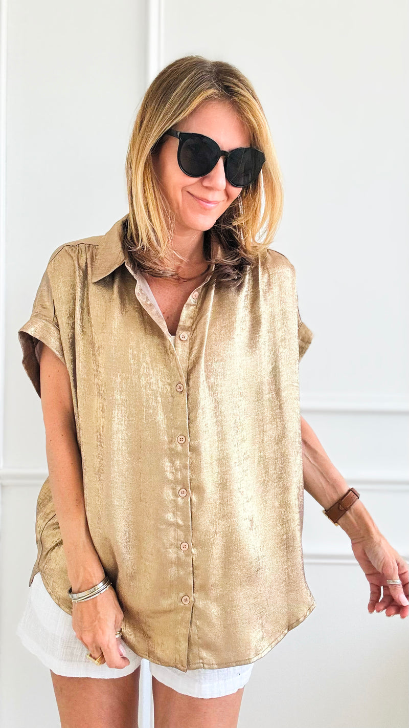 Glow Up Collared Button Up Top - Taupe-110 Short Sleeve Tops-Jodifl-Coastal Bloom Boutique, find the trendiest versions of the popular styles and looks Located in Indialantic, FL