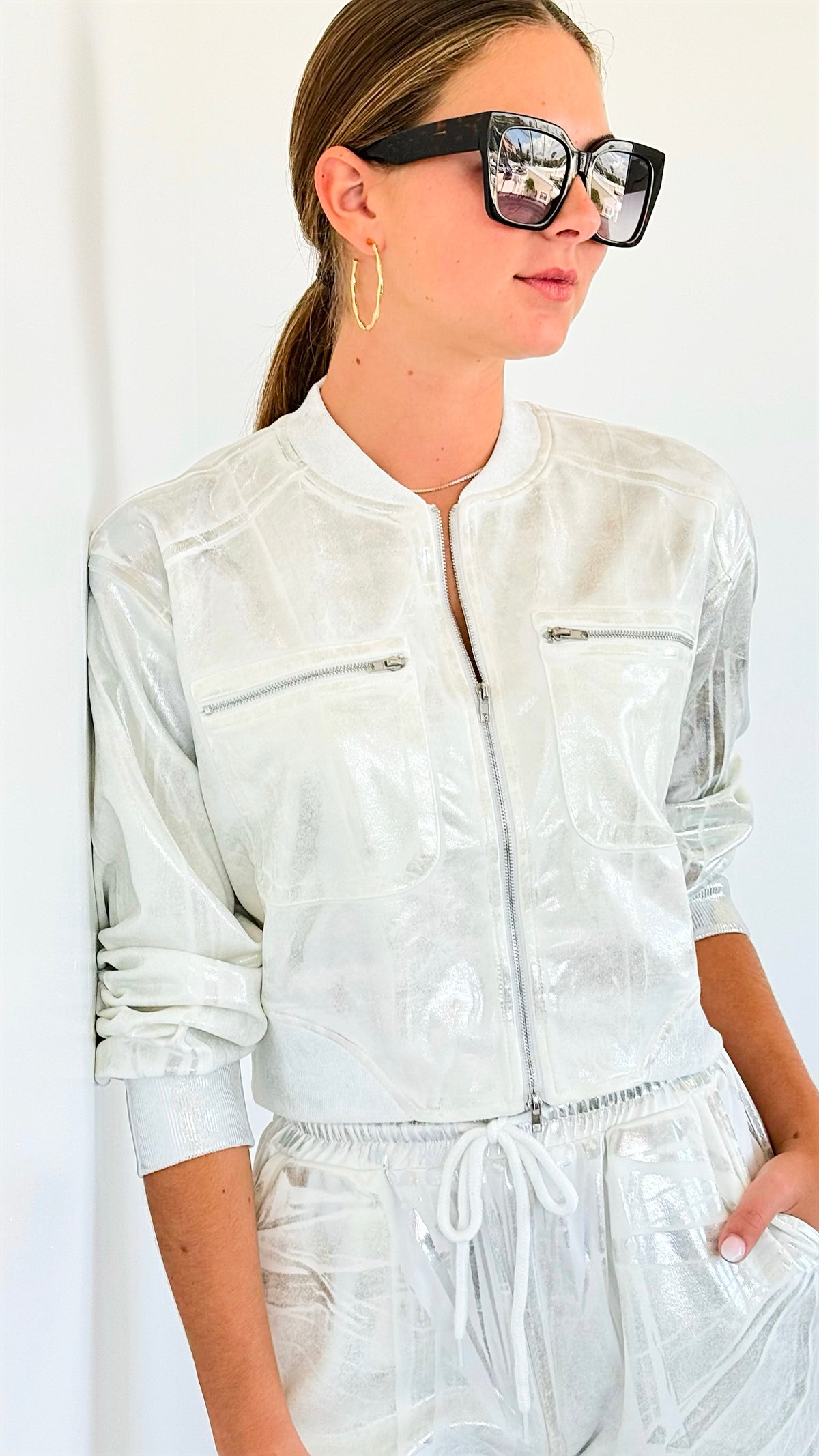 Metallic Cropped Jacket - White-160 Jackets-KIWI-Coastal Bloom Boutique, find the trendiest versions of the popular styles and looks Located in Indialantic, FL