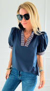 Checked Charm Puff Sleeve Top-110 Short Sleeve Tops-entro-Coastal Bloom Boutique, find the trendiest versions of the popular styles and looks Located in Indialantic, FL