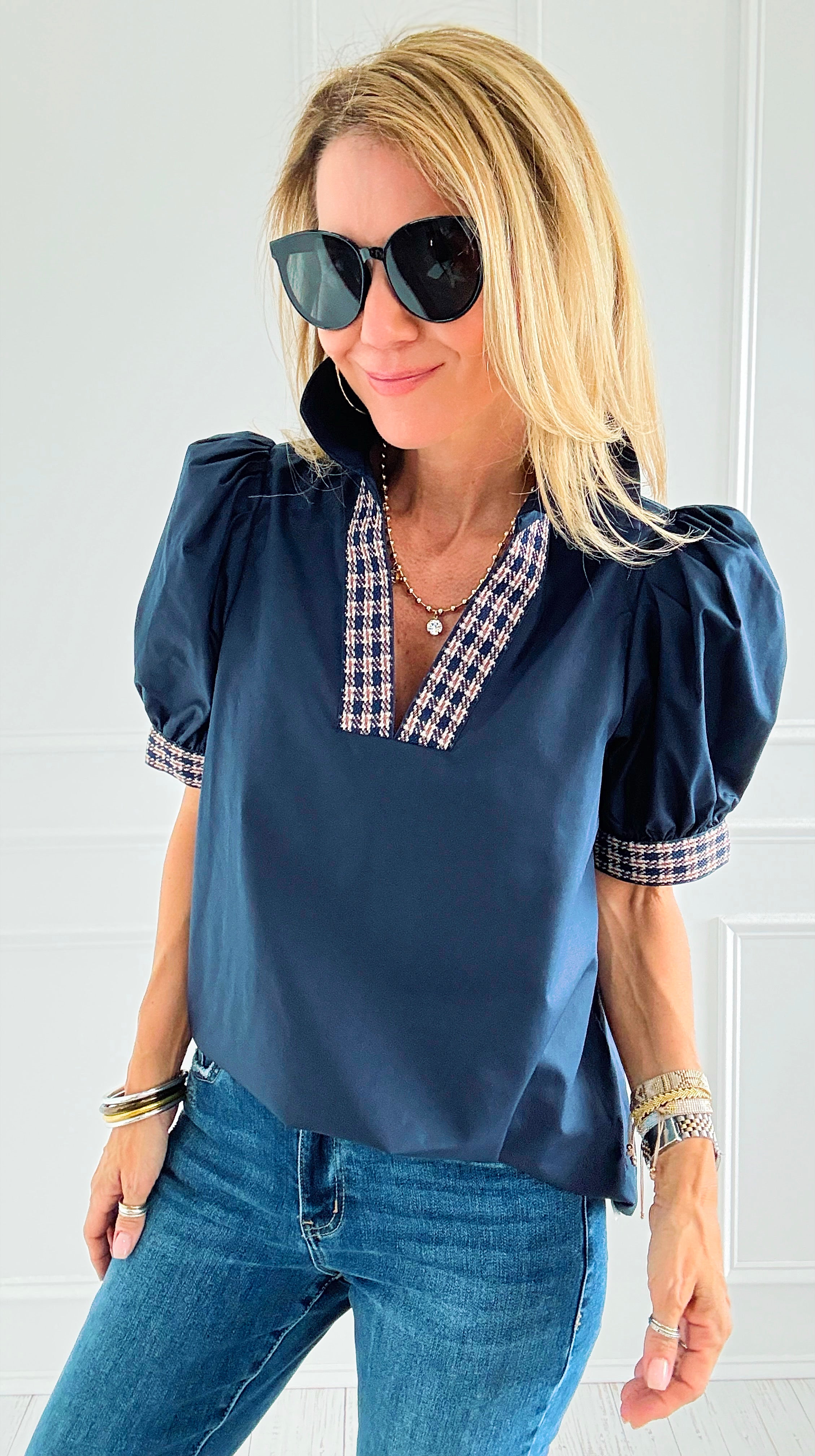 Checked Charm Puff Sleeve Top-110 Short Sleeve Tops-entro-Coastal Bloom Boutique, find the trendiest versions of the popular styles and looks Located in Indialantic, FL