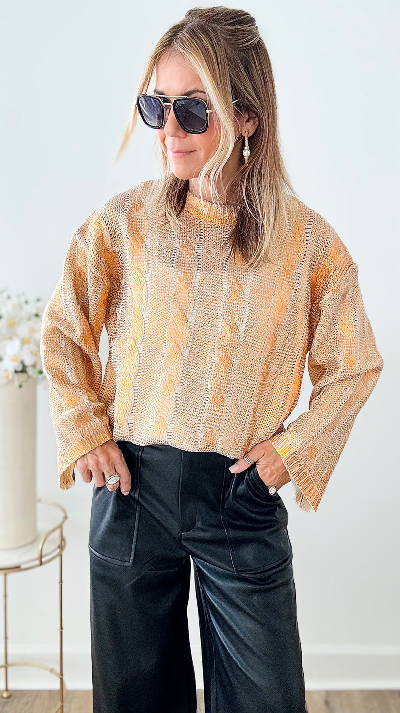 Metallic Cable Knit Relaxed Sweater - Metallic Copper-140 Sweaters-JODIFL-Coastal Bloom Boutique, find the trendiest versions of the popular styles and looks Located in Indialantic, FL