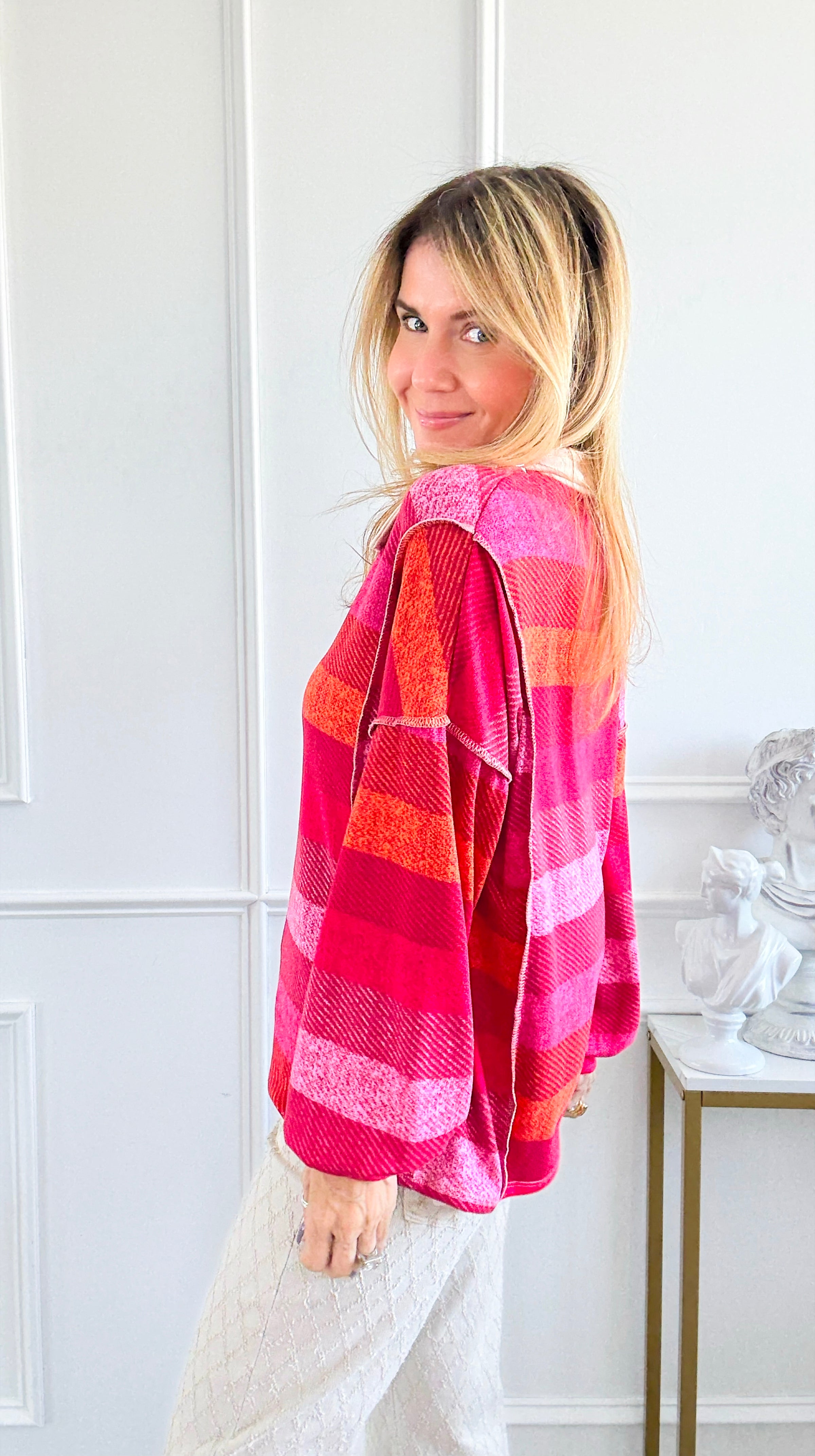 Sunset Stripes Polo Top-110 Long Sleeve Tops-ROUSSEAU-Coastal Bloom Boutique, find the trendiest versions of the popular styles and looks Located in Indialantic, FL