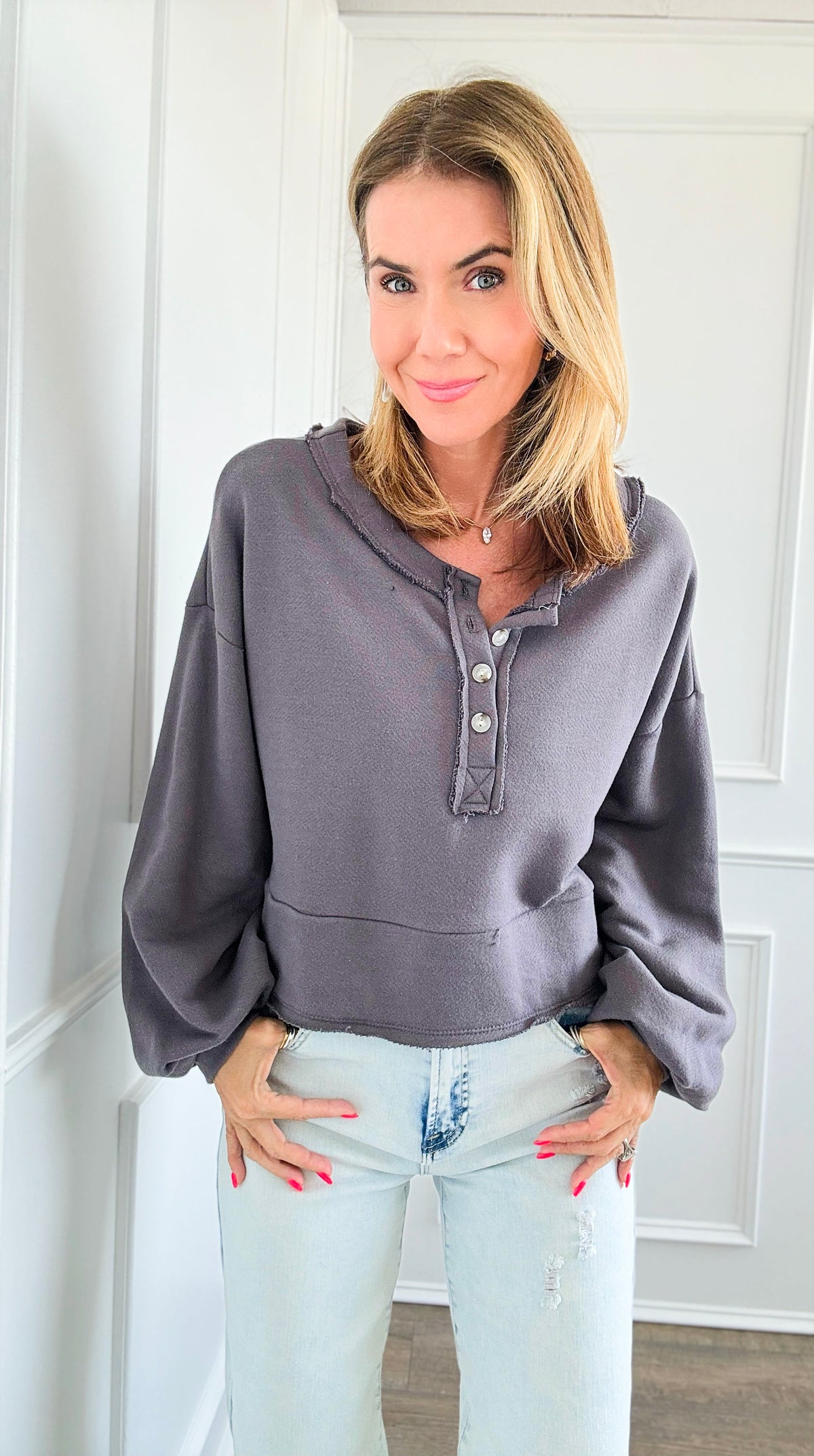 Button-up Crop Long Sleeves Top - Charcoal-130 Long Sleeve Tops-BucketList-Coastal Bloom Boutique, find the trendiest versions of the popular styles and looks Located in Indialantic, FL