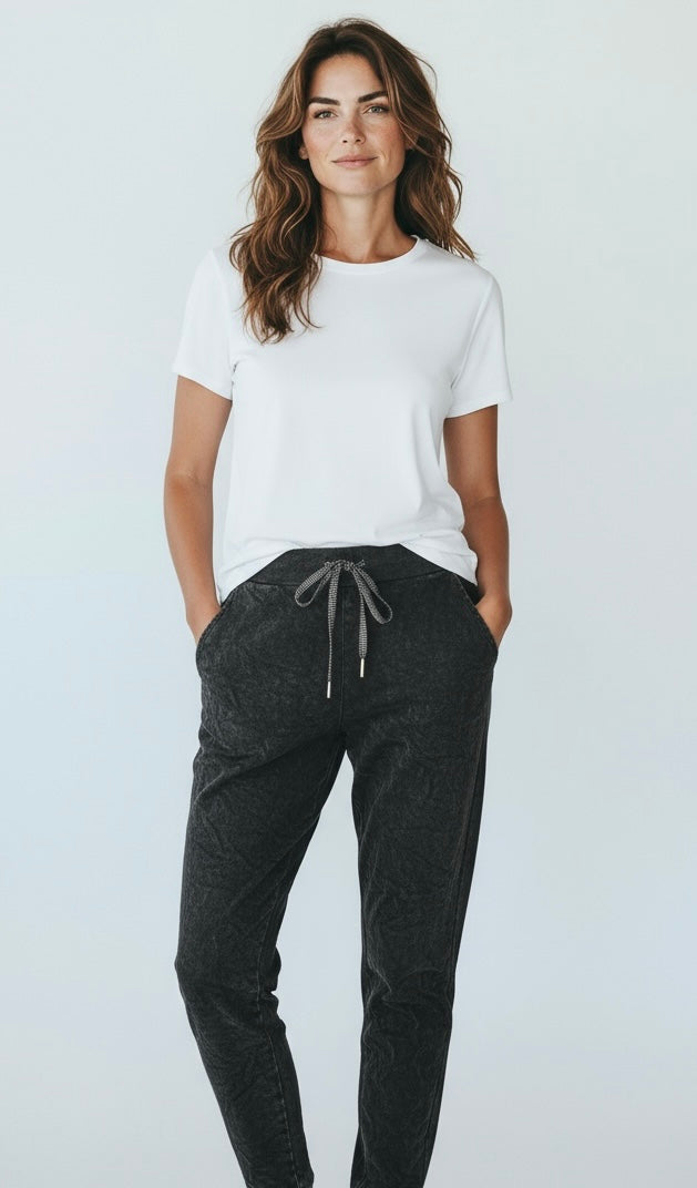 Love Endures Italian Jogger - Denim Washed Black-180 Joggers-SUNNY HOLIDAYS-Coastal Bloom Boutique, find the trendiest versions of the popular styles and looks Located in Indialantic, FL