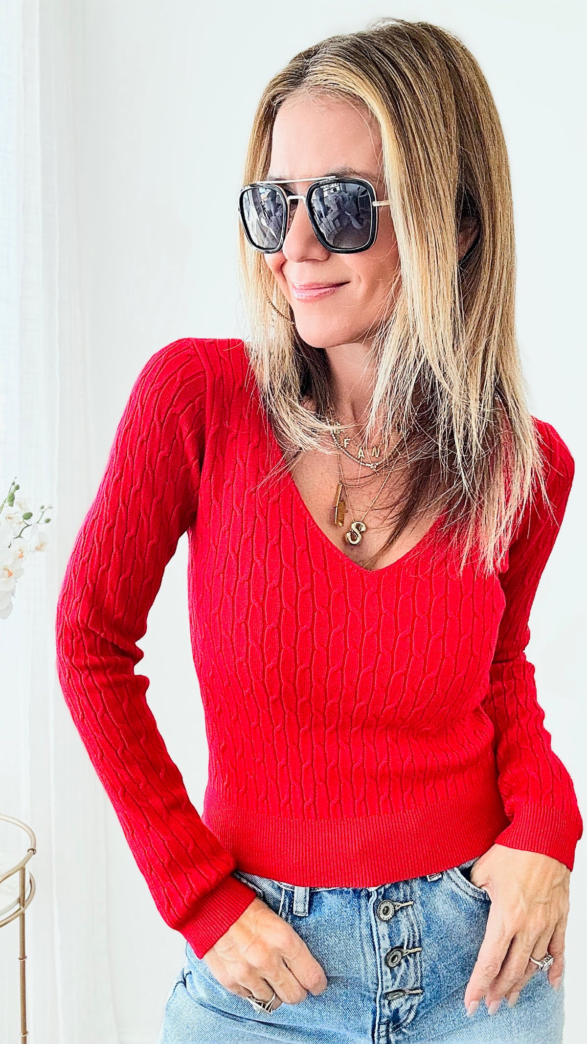 Ribbed V Neck Sweater - Red-140 Sweaters-Michel-Coastal Bloom Boutique, find the trendiest versions of the popular styles and looks Located in Indialantic, FL