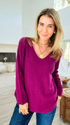 Soho Italian V-Neck Pullover- Plum-140 Sweaters-Italianissimo/ Max & D/ AUTE-Coastal Bloom Boutique, find the trendiest versions of the popular styles and looks Located in Indialantic, FL