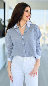 Detail Shine Striped Italian Button Top- Black/White