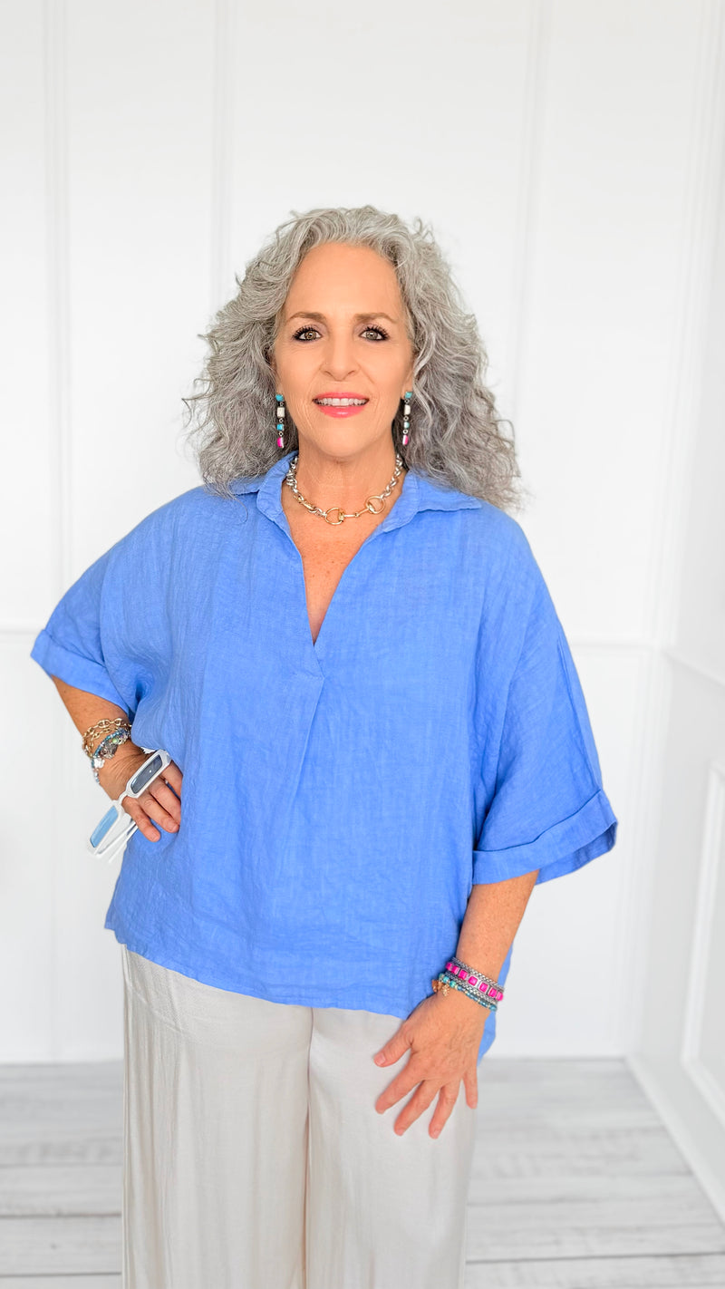 DAMAGED-Soft Days Linen Italian Button Top- Periwinkle-110 short Sleeve Top-PORCIENTO-Coastal Bloom Boutique, find the trendiest versions of the popular styles and looks Located in Indialantic, FL