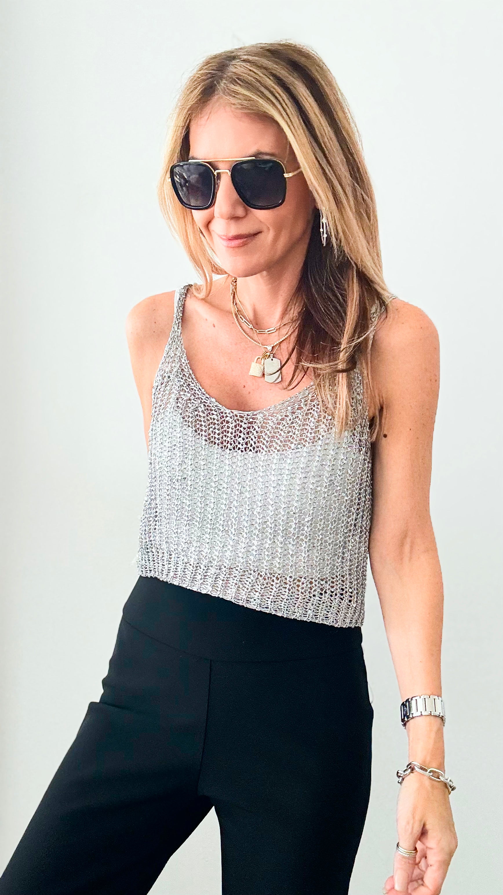 Metallic Sequin Cami Top - Silver-100 Sleeveless Tops-Edit By Nine-Coastal Bloom Boutique, find the trendiest versions of the popular styles and looks Located in Indialantic, FL