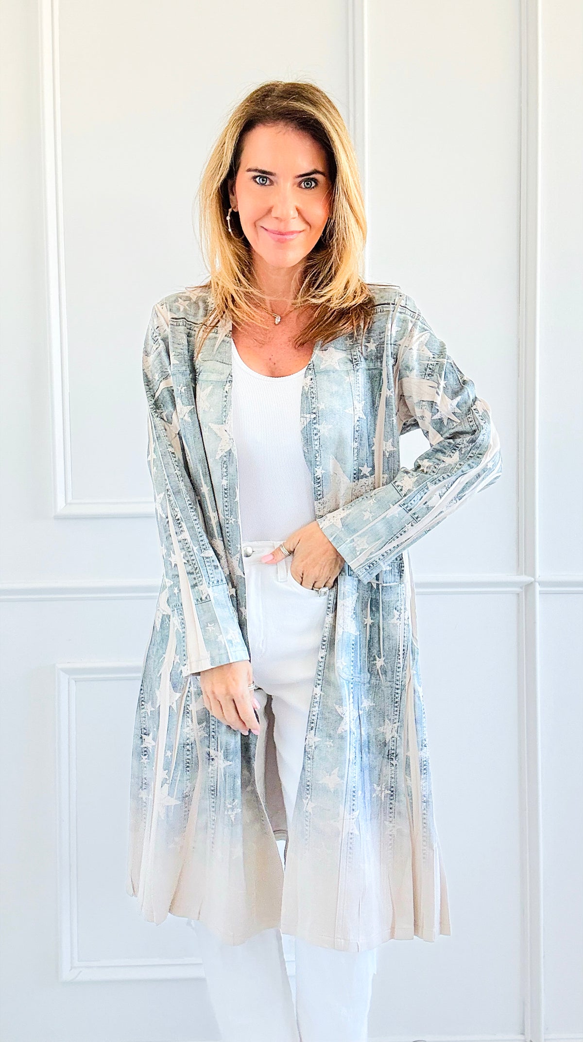 Celestial Starry Denim Long Cardigan-160 Jackets-Origami Fashion Inc-Coastal Bloom Boutique, find the trendiest versions of the popular styles and looks Located in Indialantic, FL