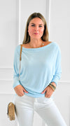 Somewhere Shoulder Knit Top - Cooling Blue-130 Long Sleeve Tops-Charlotte Avery-Coastal Bloom Boutique, find the trendiest versions of the popular styles and looks Located in Indialantic, FL