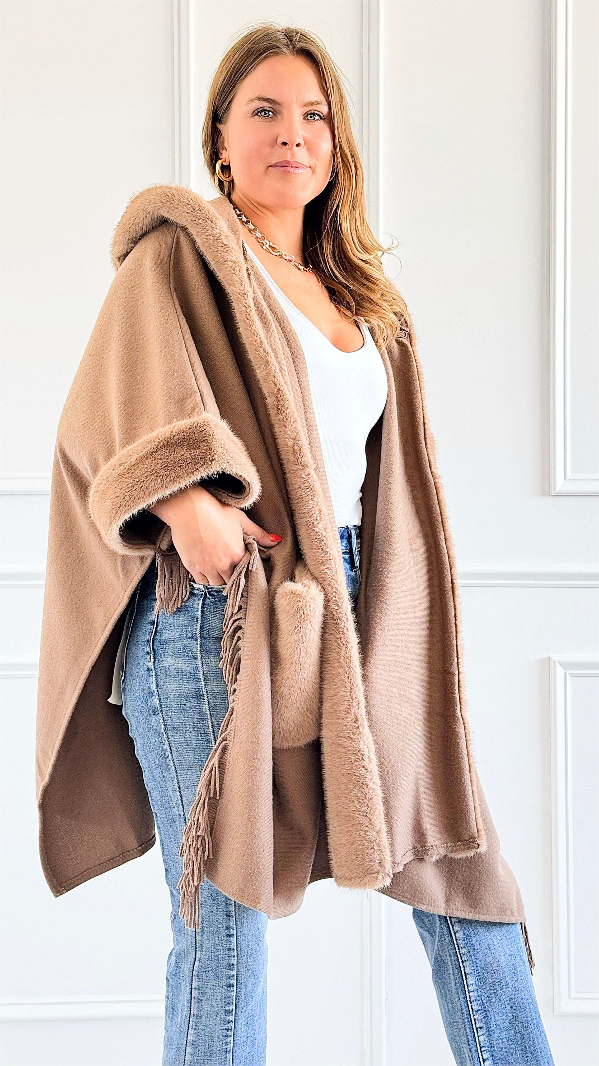 Faux Fur Tassel Cape-150 Cardigans/Layers-Original USA-Coastal Bloom Boutique, find the trendiest versions of the popular styles and looks Located in Indialantic, FL