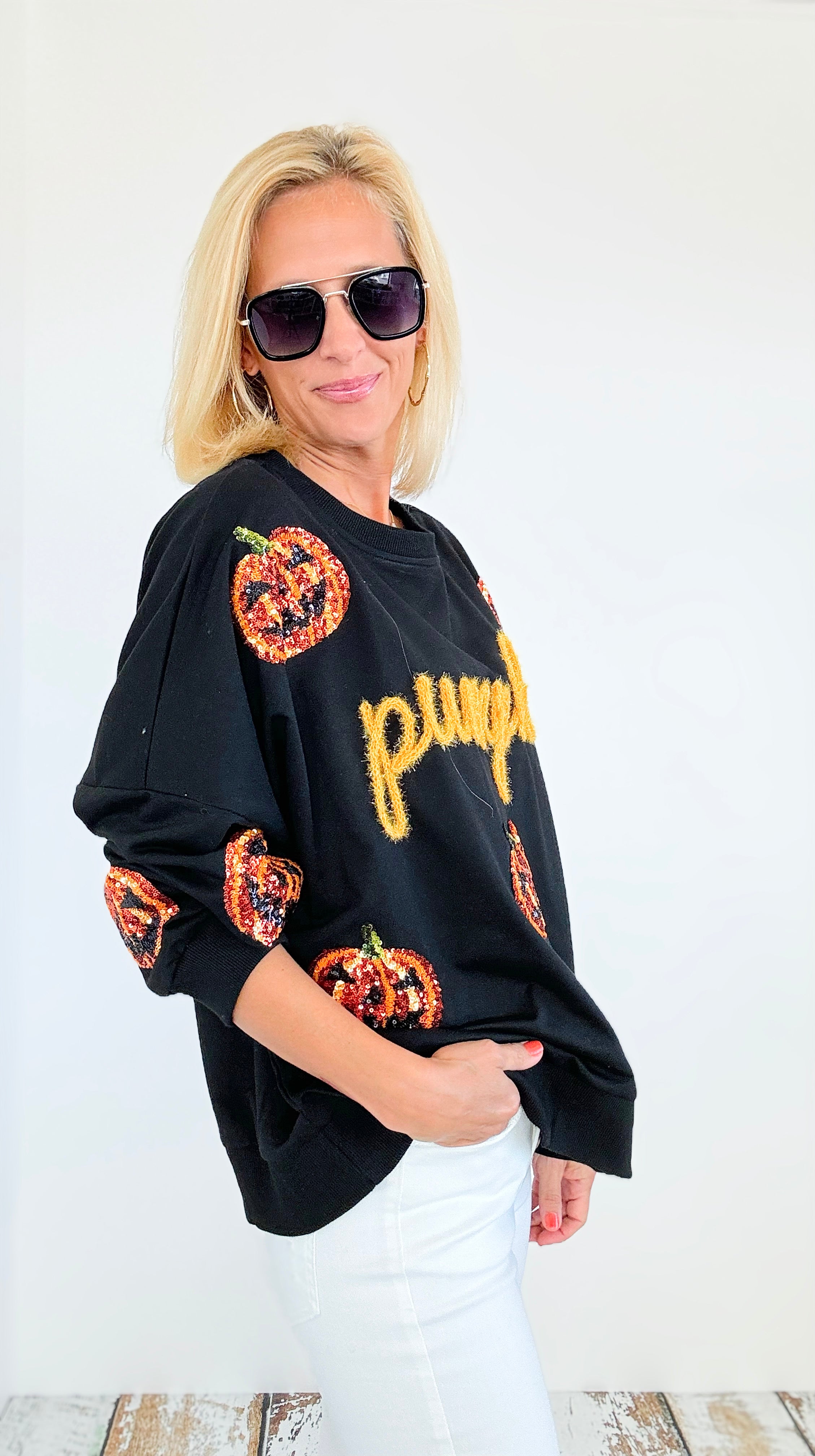 Pumpkin Sequin Sweatshirt - Black-130 Long Sleeve Tops-BIBI-Coastal Bloom Boutique, find the trendiest versions of the popular styles and looks Located in Indialantic, FL